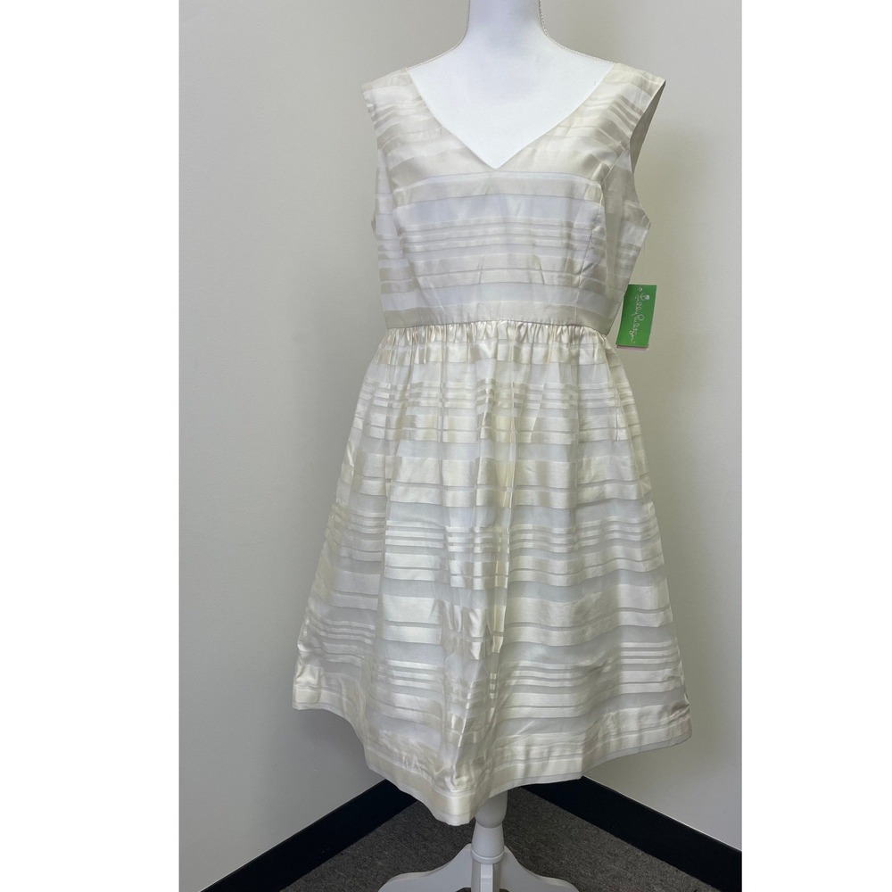NWT Lilly Pulitzer Silk Striped Fit & Flare Dress 14 White Cream Wedding Party